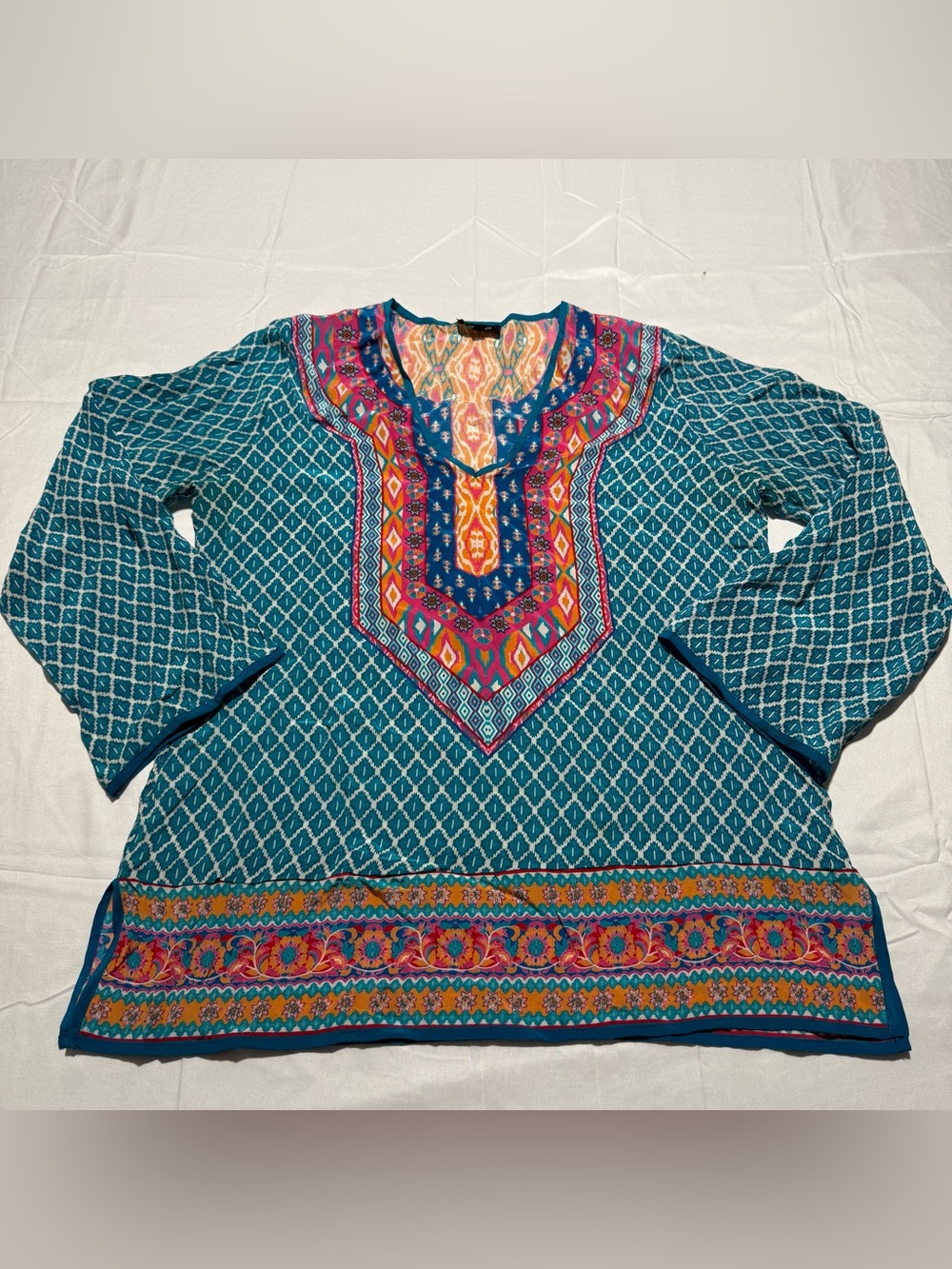 Tolani Womens V-Neck Bohemian Print Long Sleeve Top Blouse 100% Silk Sz Medium